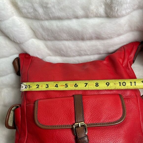 Isaac Mizrahi leather blood orange red shoulder bag with brown trims. - Picture 5 of 13